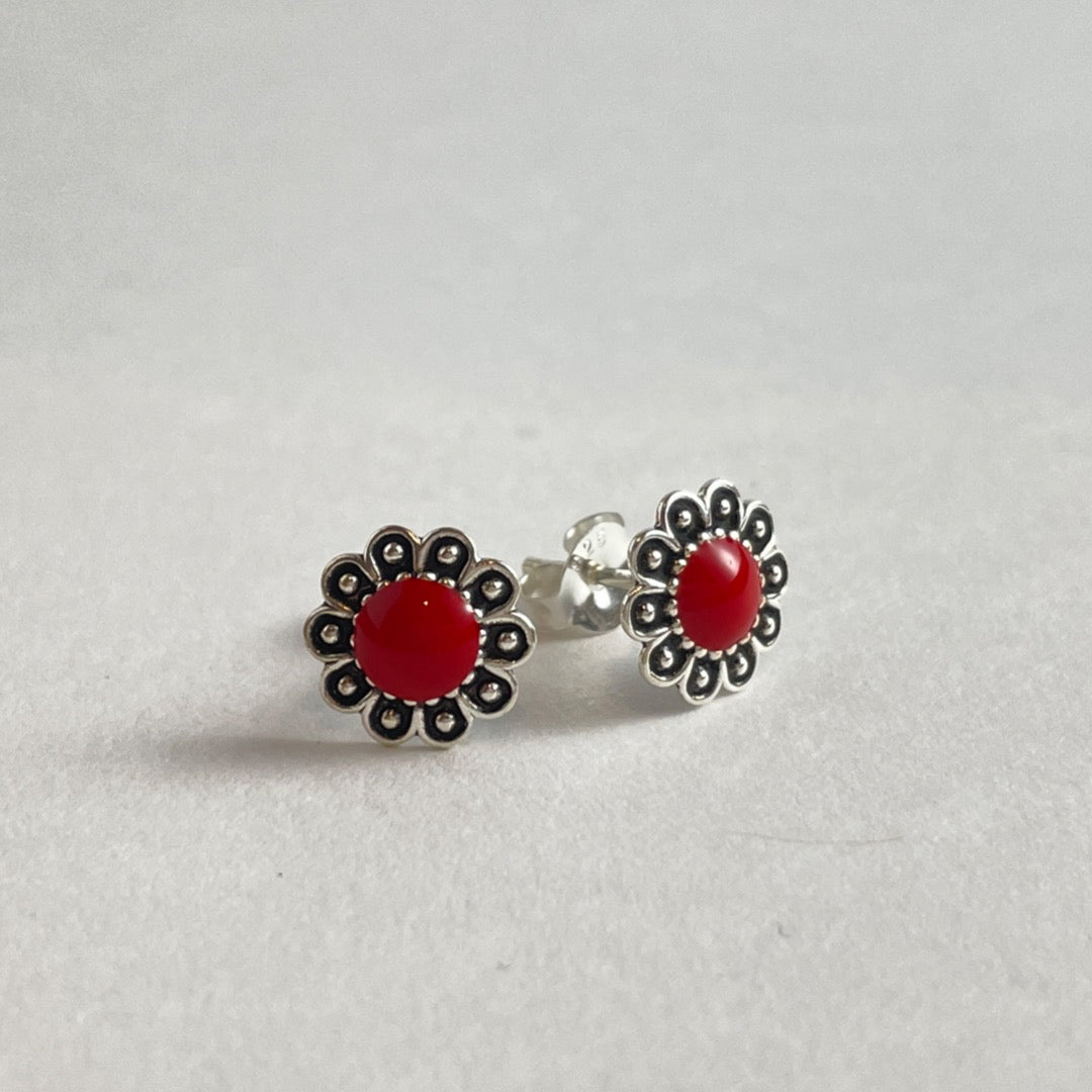 PENDIENTES PLATA FLOR ROJA