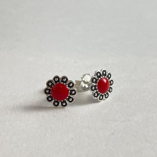 PENDIENTES PLATA FLOR ROJA