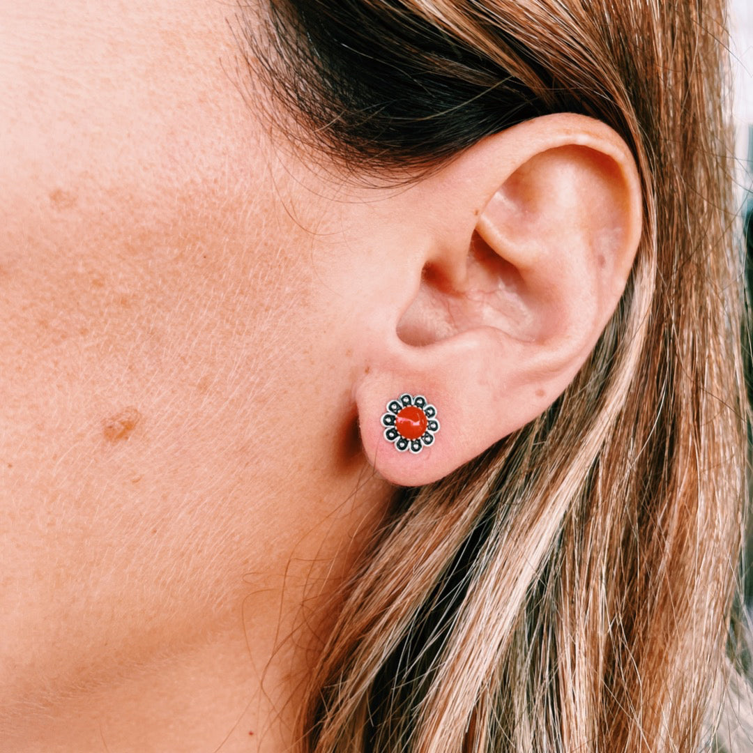 PENDIENTES PLATA FLOR ROJA